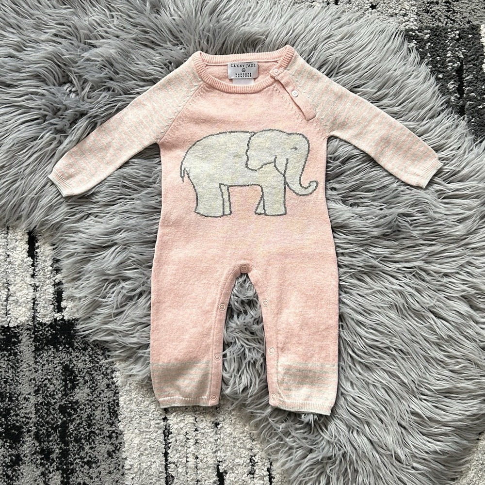 Lucky Jade X Barney's New York Cashmere Blend Pink Elephant Romper SZ 0-3 Month